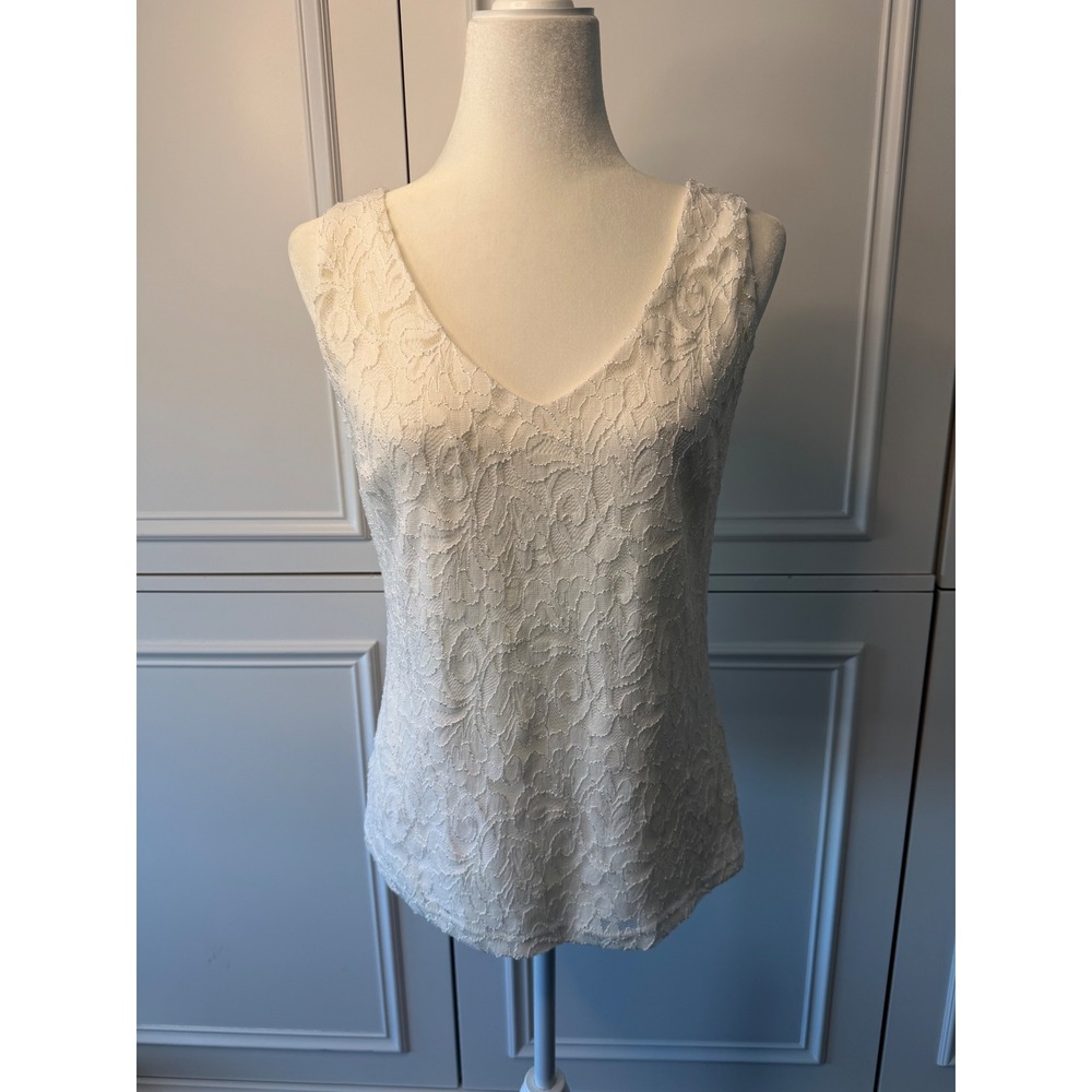 Joseph Ribkoff Lace Top Women 10 Vanilla New V-Neck Sleeveless Shimmer